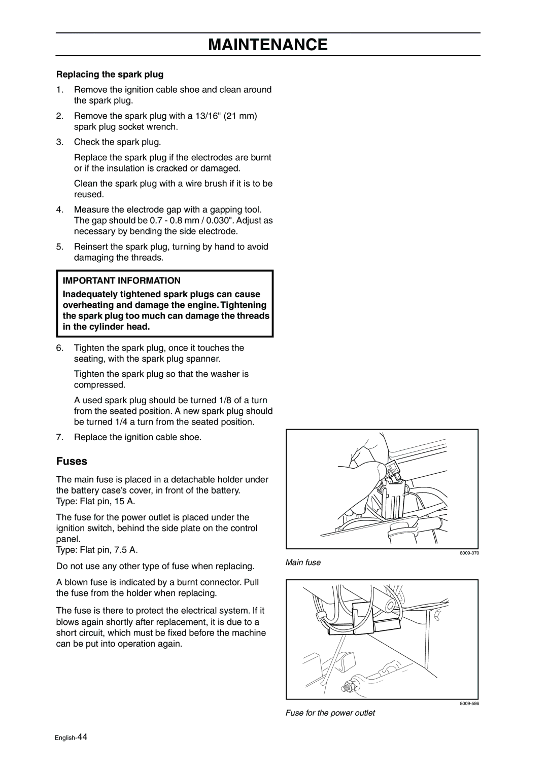 Husqvarna ProFlex 21 manual Fuses, Replacing the spark plug 