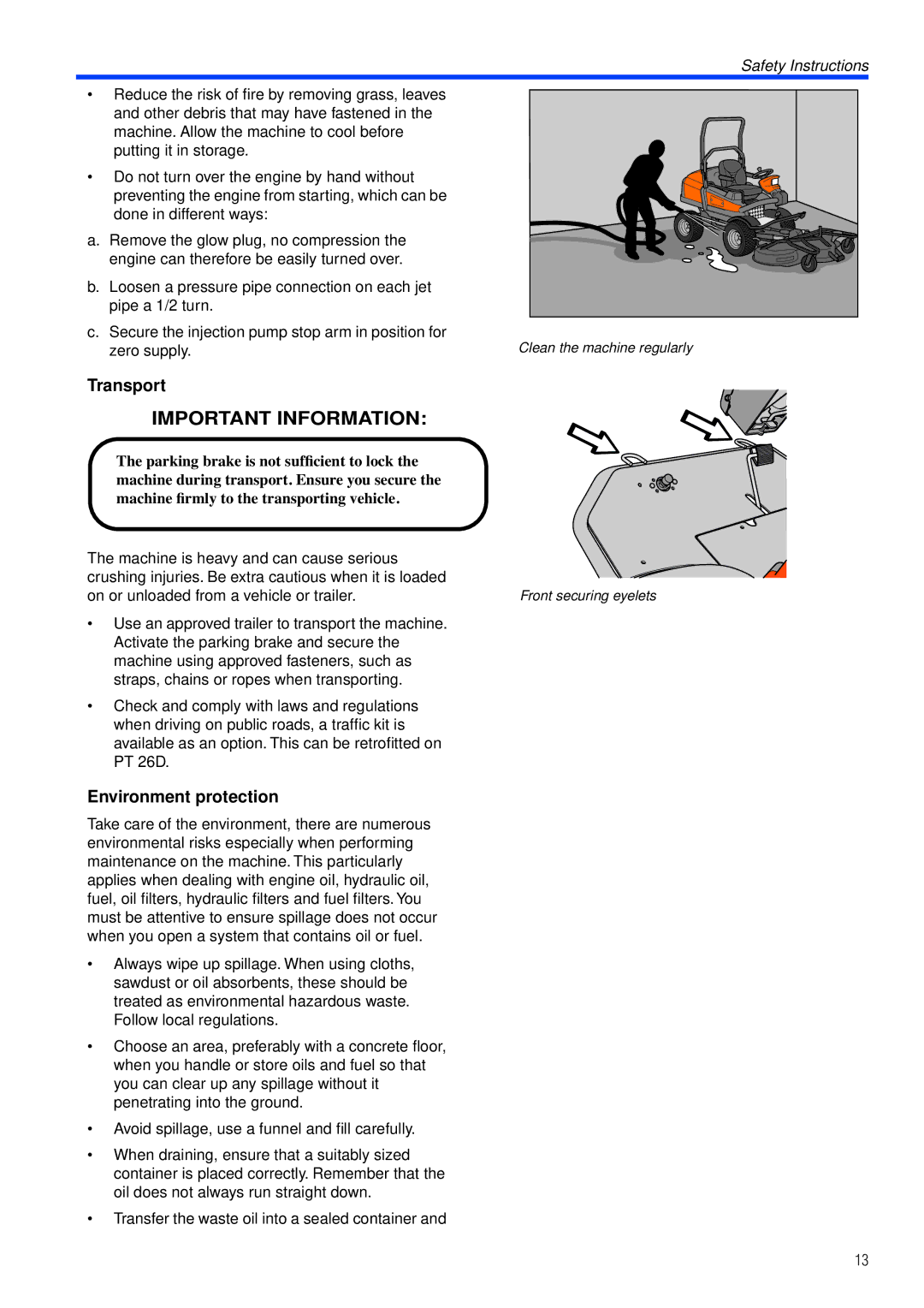 Husqvarna PT26 D manual Transport, Environment protection 