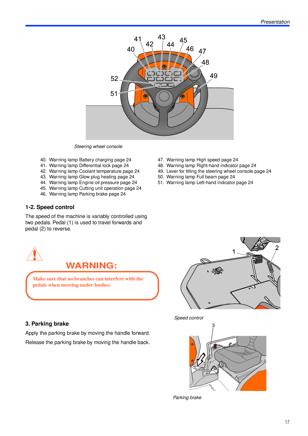 Husqvarna PT26 D manual Speed control, Parking brake 