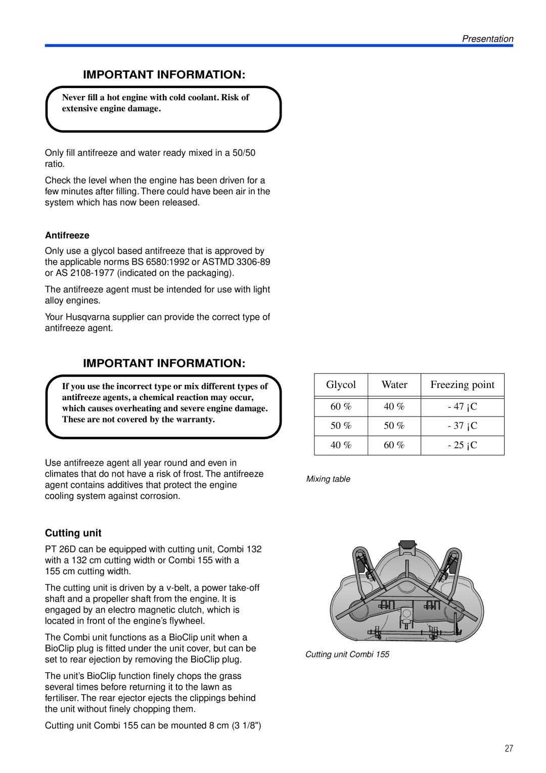 Husqvarna PT26 D manual Cutting unit, Antifreeze 