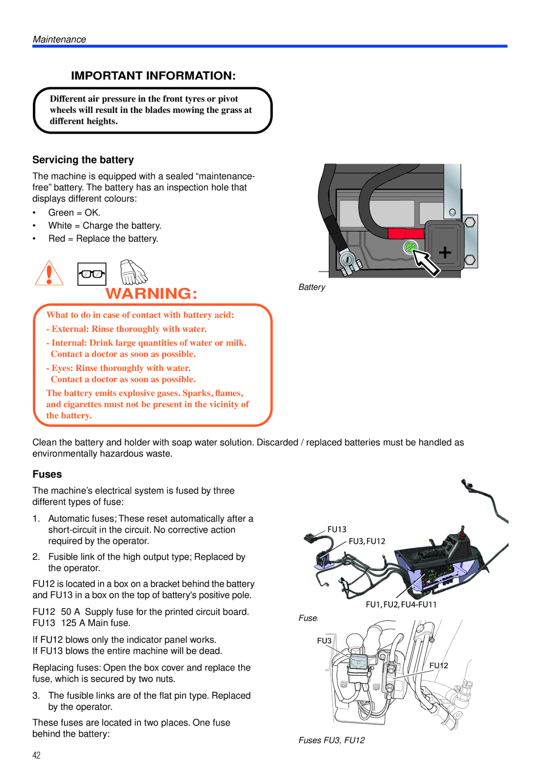 Husqvarna PT26 D manual Servicing the battery, Fuses 