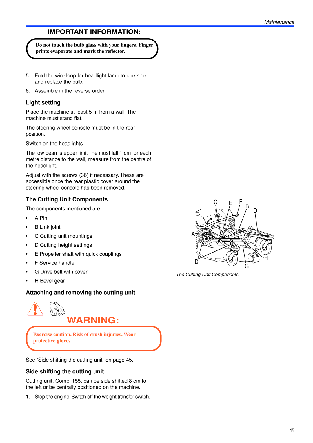 Husqvarna PT26 D manual Light setting, Cutting Unit Components, Attaching and removing the cutting unit 