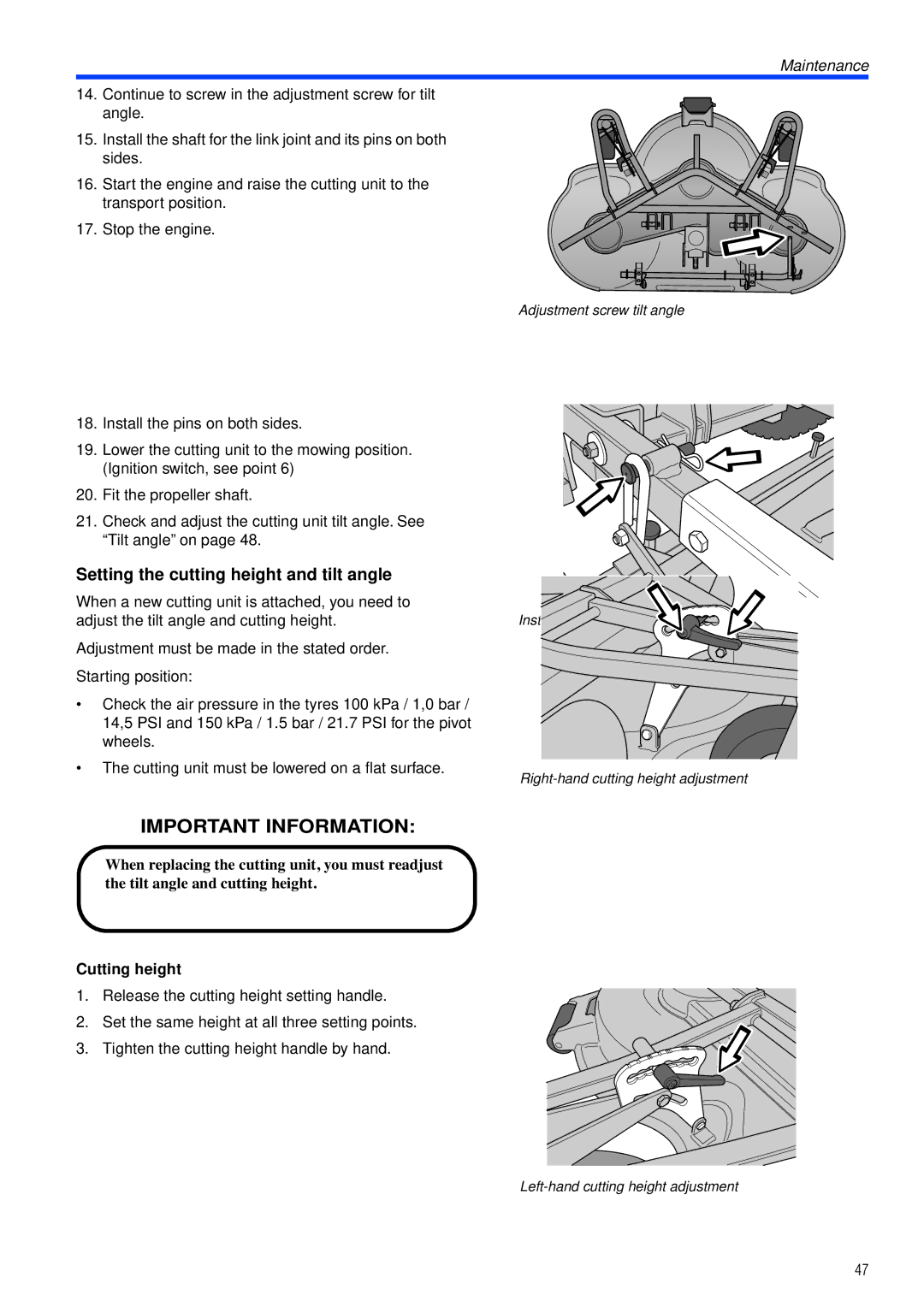 Husqvarna PT26 D manual Setting the cutting height and tilt angle, Cutting height 