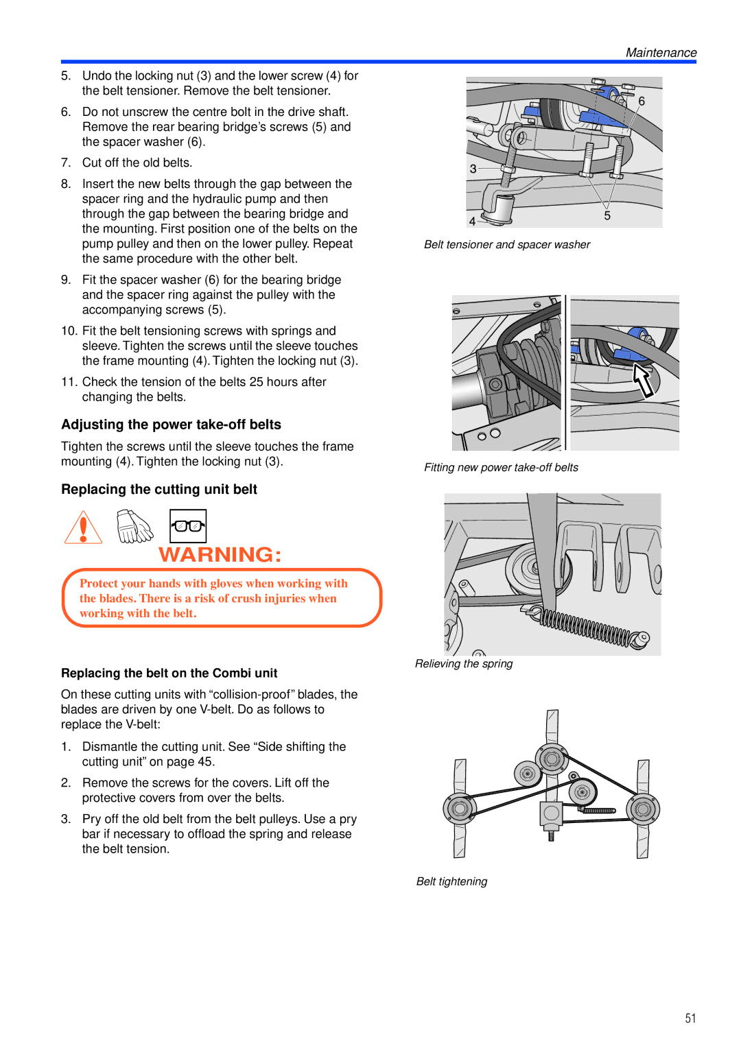 Husqvarna PT26 D Adjusting the power take-off belts, Replacing the cutting unit belt, Replacing the belt on the Combi unit 