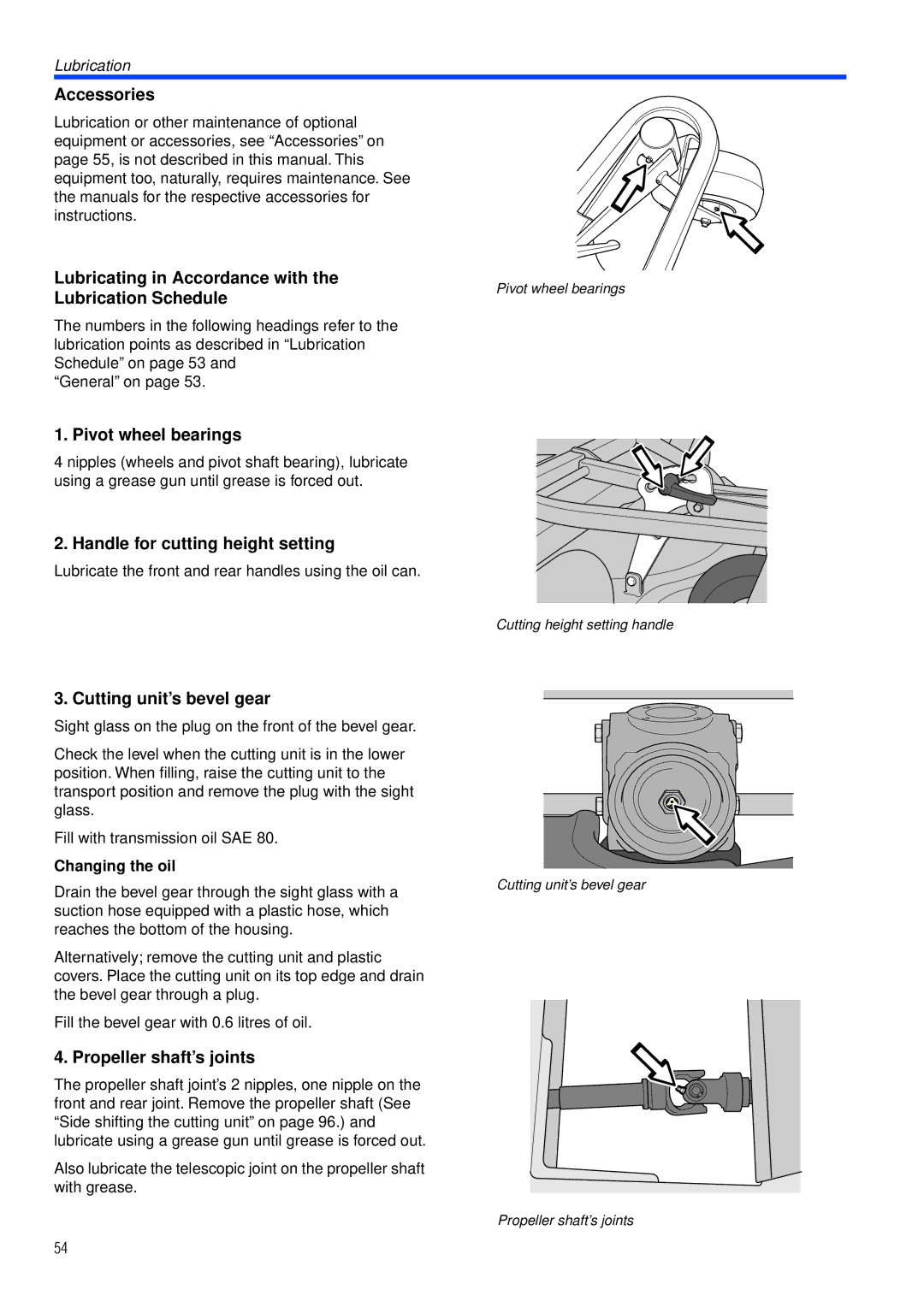 Husqvarna PT26 D Lubricating in Accordance with Lubrication Schedule, Pivot wheel bearings, Cutting unit’s bevel gear 