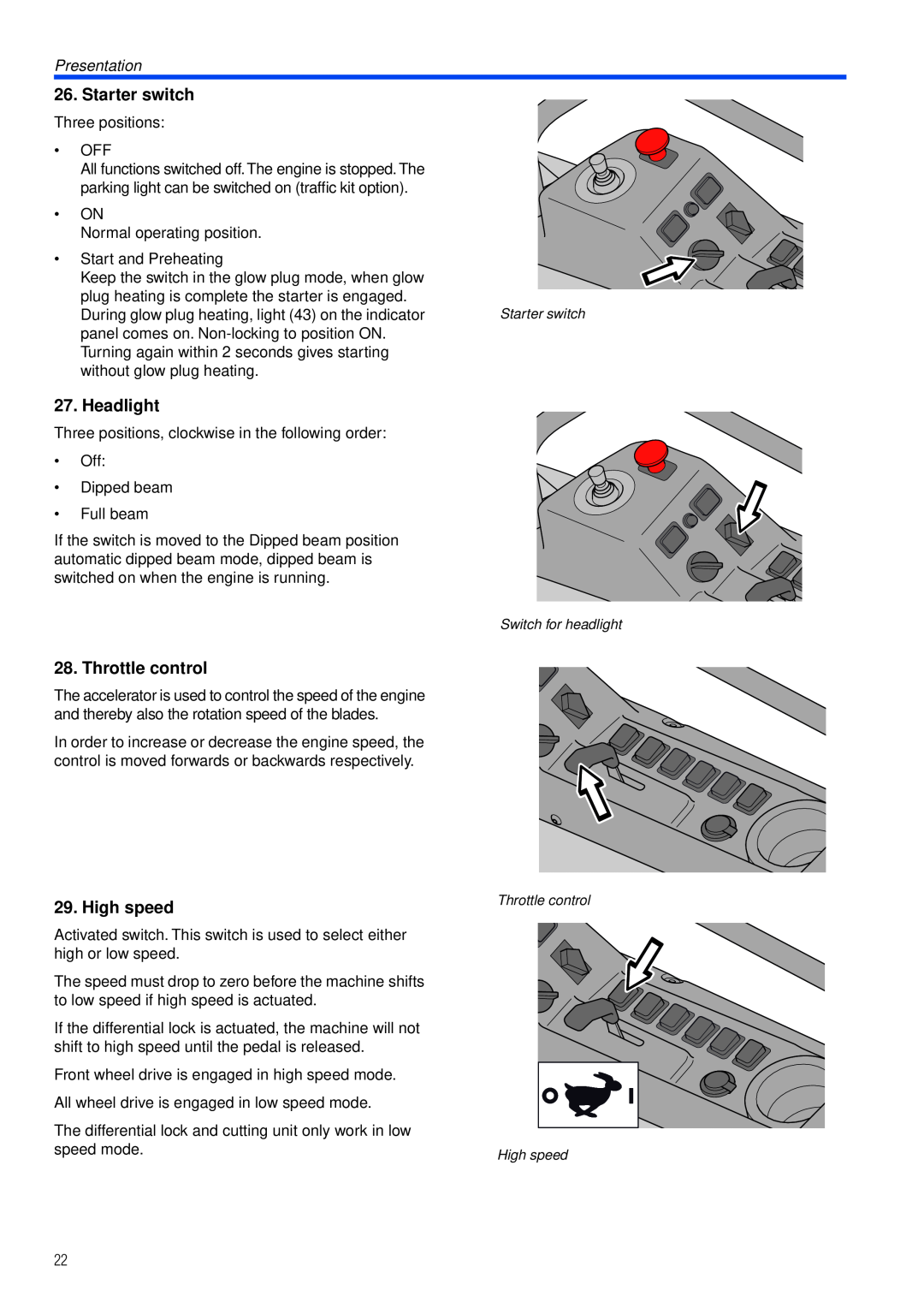 Husqvarna PT26 D manual Starter switch, Headlight, Throttle control, High speed, Presentation 