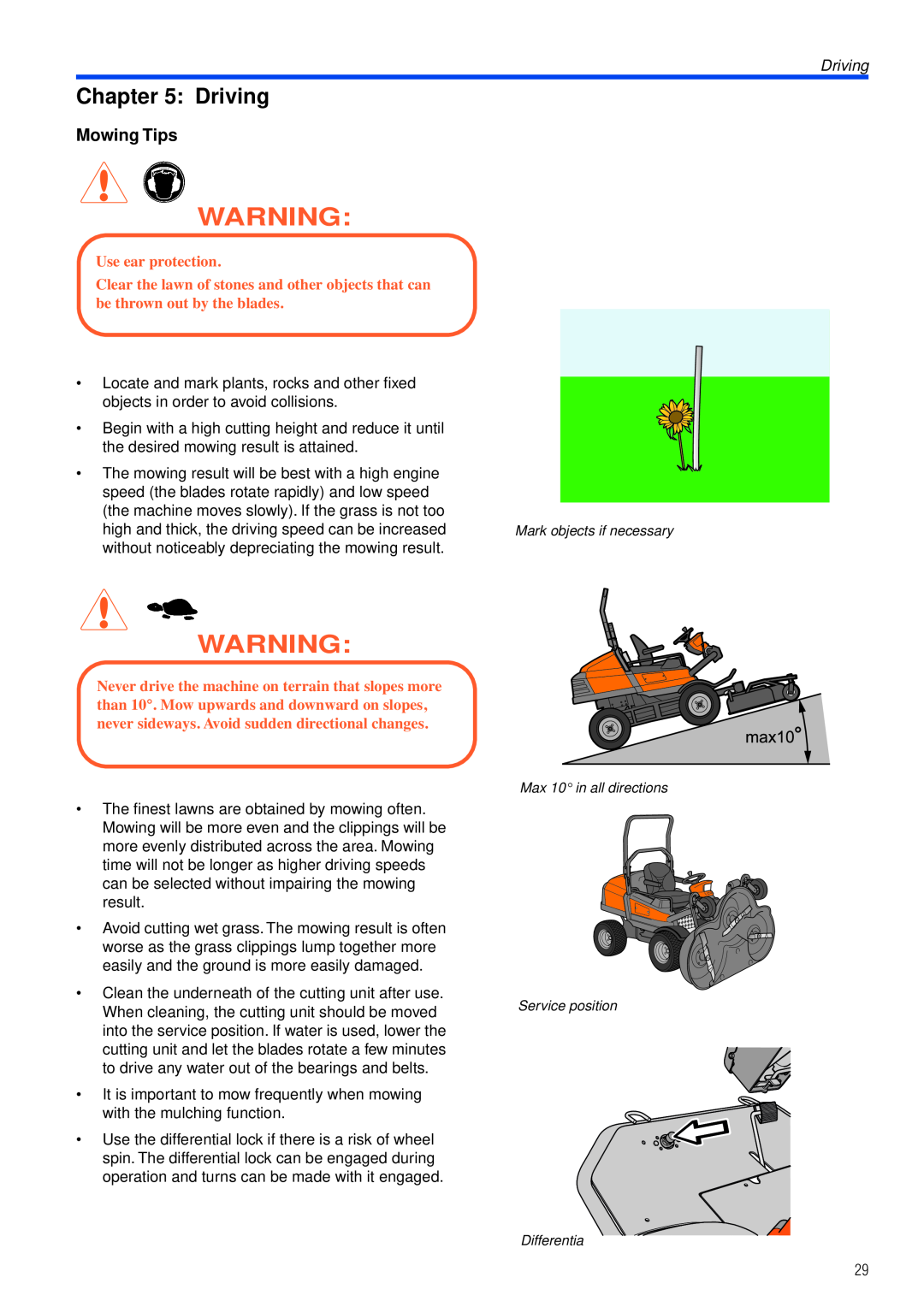Husqvarna PT26 D manual Driving, Mowing Tips, Use ear protection 