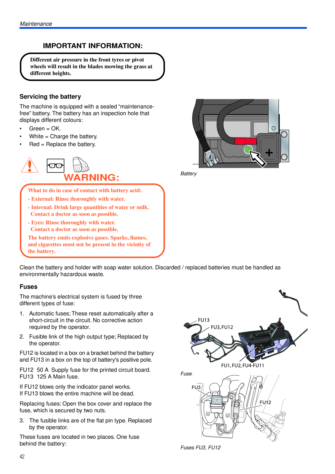 Husqvarna PT26 D Servicing the battery, Fuses, What to do in case of contact with battery acid, Important Information 