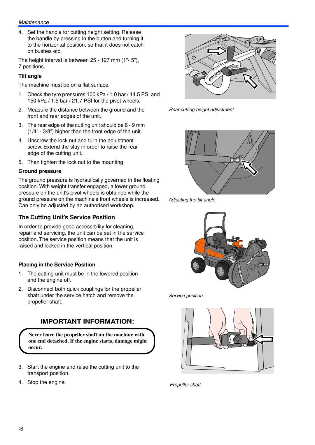 Husqvarna PT26 D manual The Cutting Unit’s Service Position, Tilt angle, Ground pressure, Placing in the Service Position 
