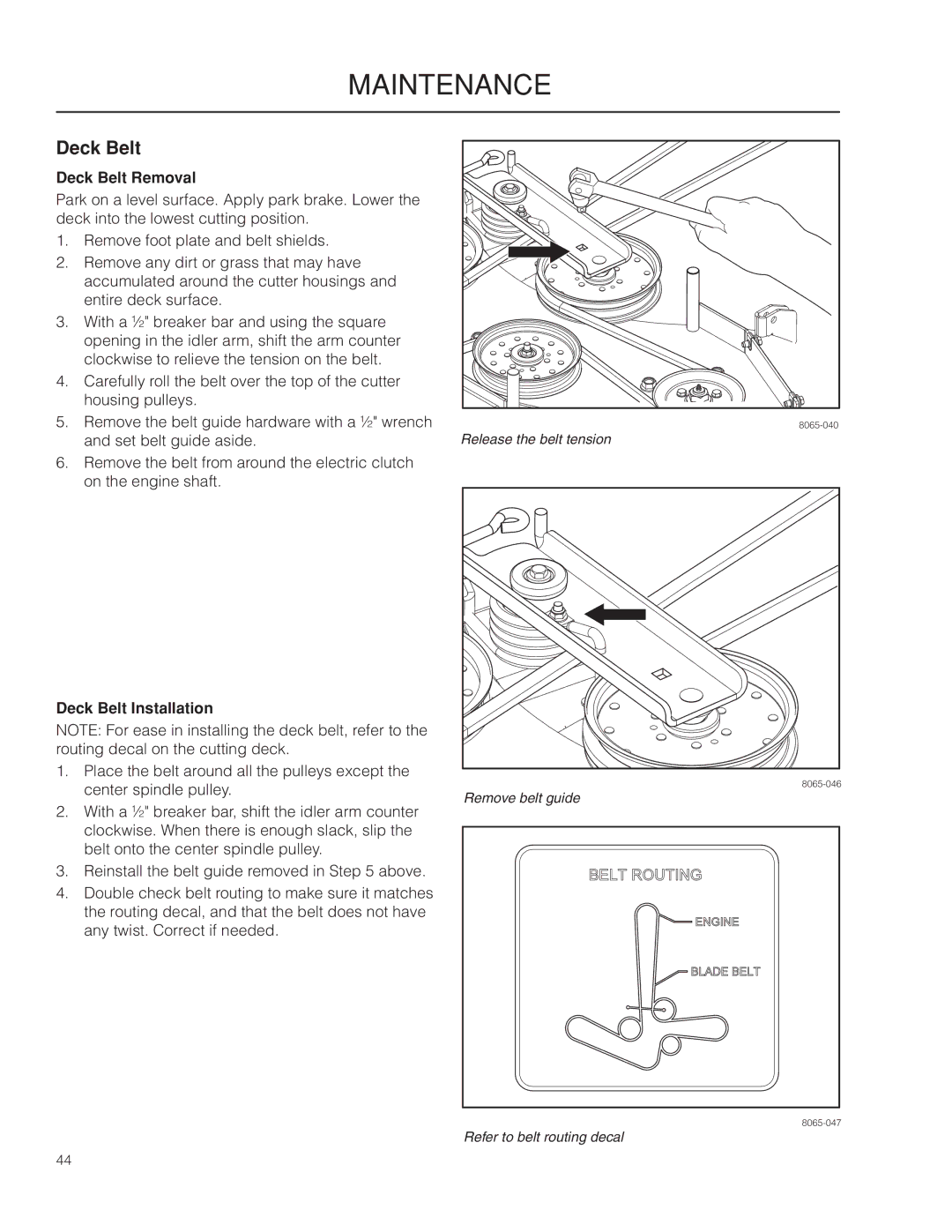 Husqvarna PZ29 CE manual Deck Belt Removal, Deck Belt Installation 