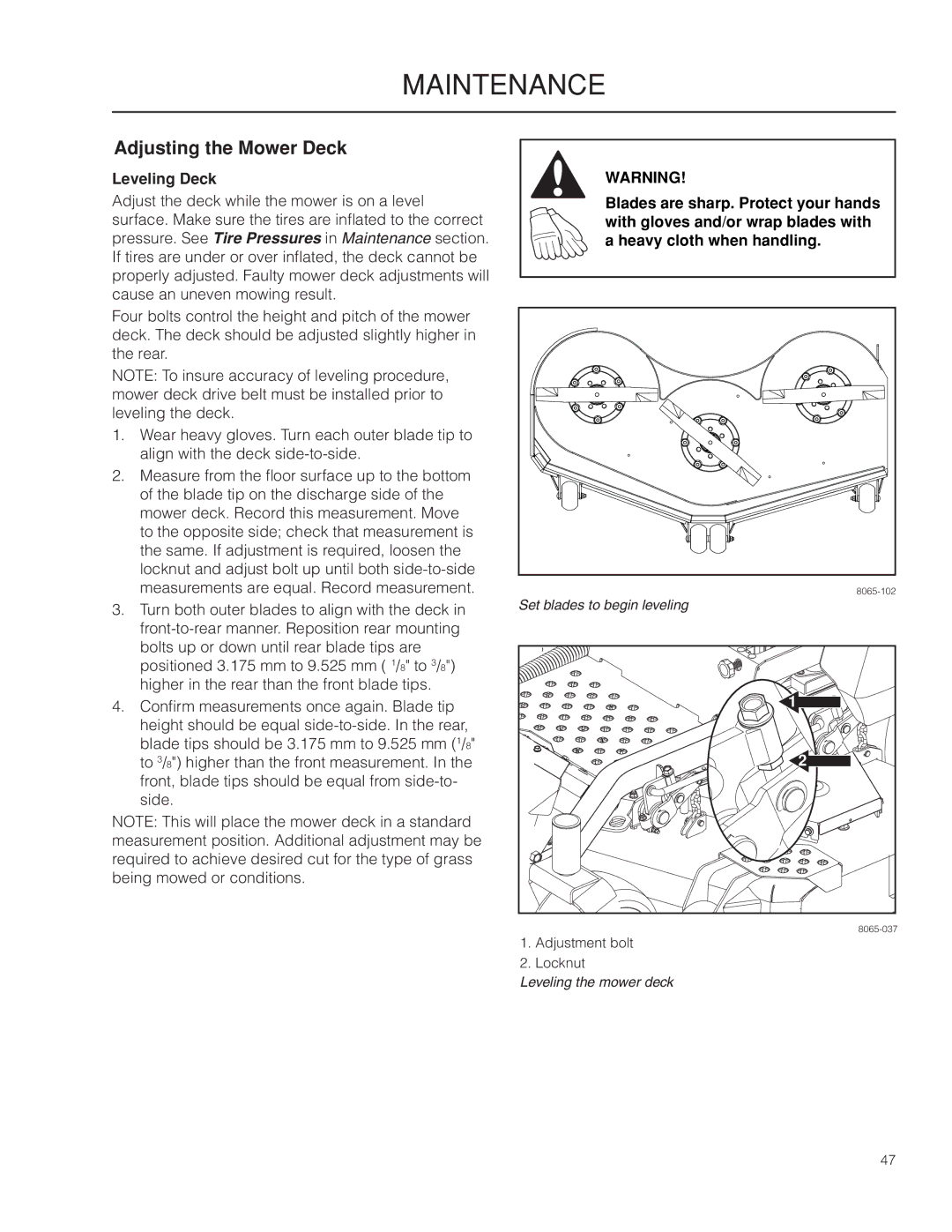 Husqvarna PZ29 CE manual Adjusting the Mower Deck, Leveling Deck 