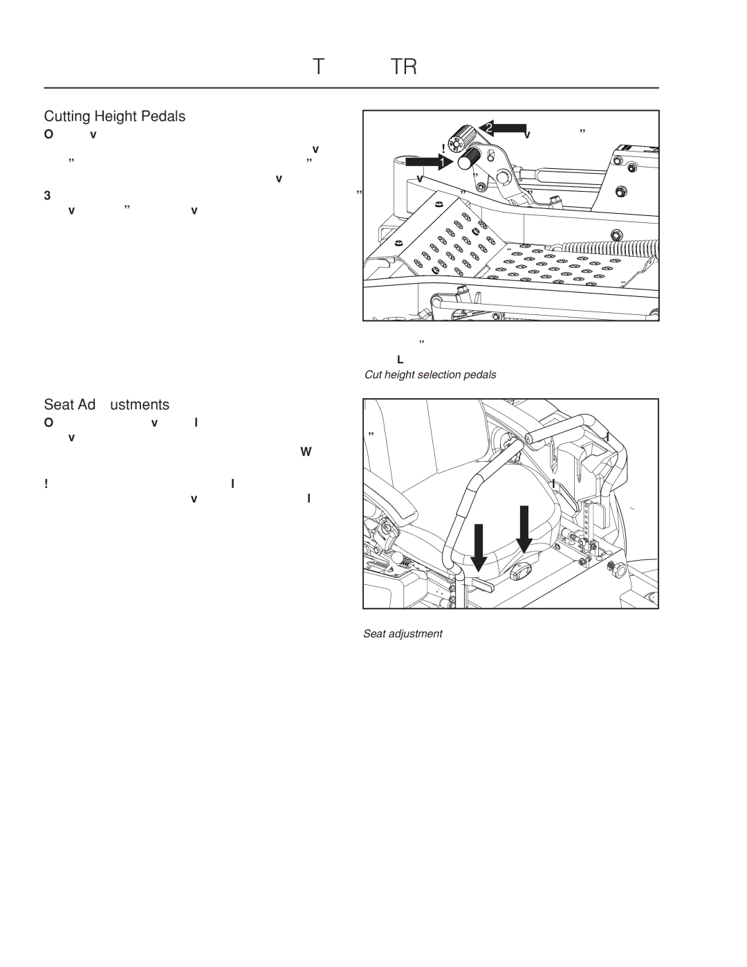 Husqvarna PZ6029D, PZ29D BF manual Cutting Height Pedals, Seat Adjustments 