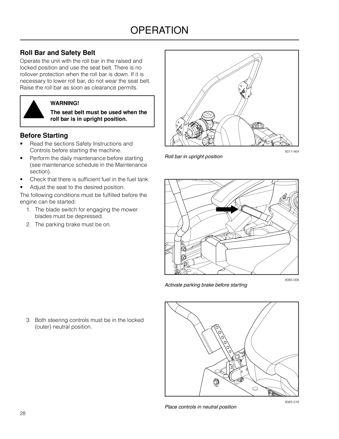 Husqvarna PZ6029D, PZ29D BF manual Roll Bar and Safety Belt, Before Starting 