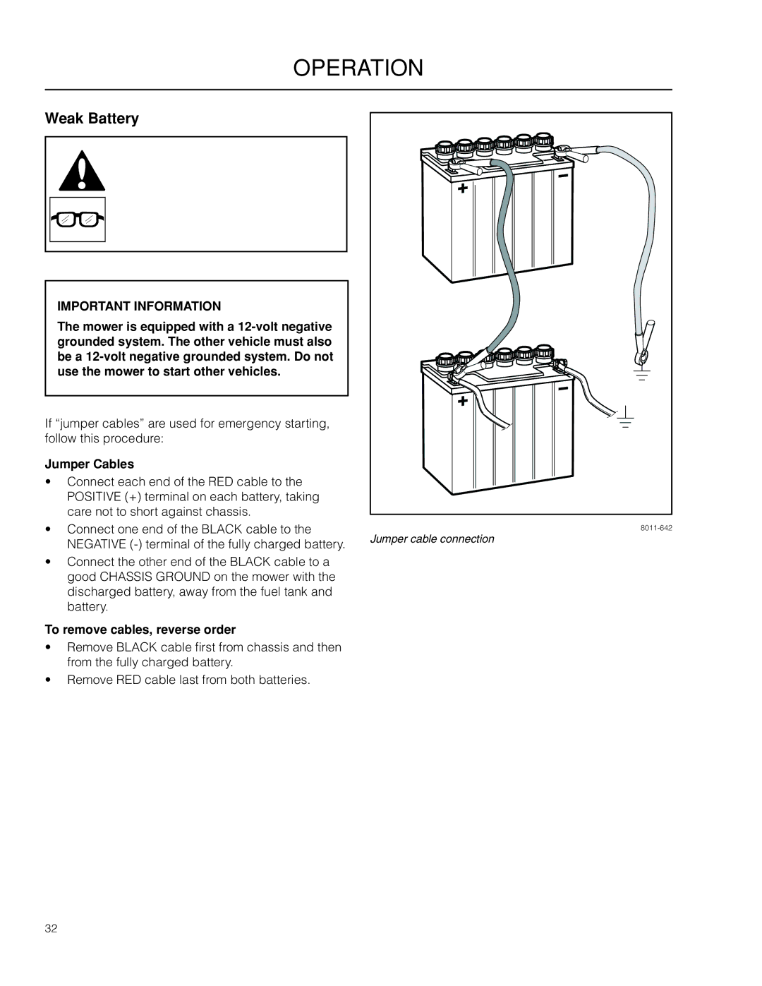 Husqvarna PZ6029D, PZ29D BF manual Weak Battery, Jumper Cables, To remove cables, reverse order 