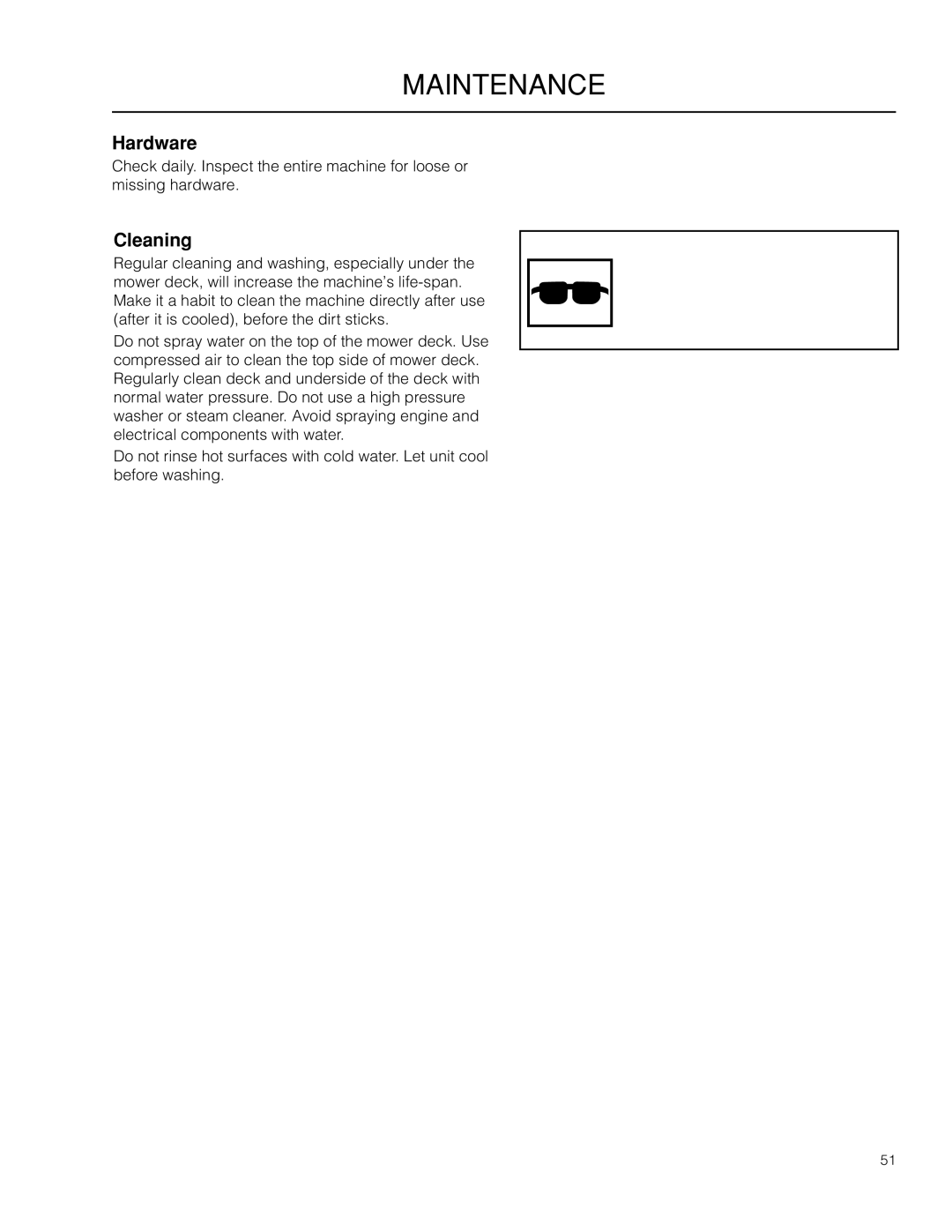 Husqvarna PZ29D BF, PZ6029D manual Hardware, Cleaning, Use protective glasses when cleaning and washing 