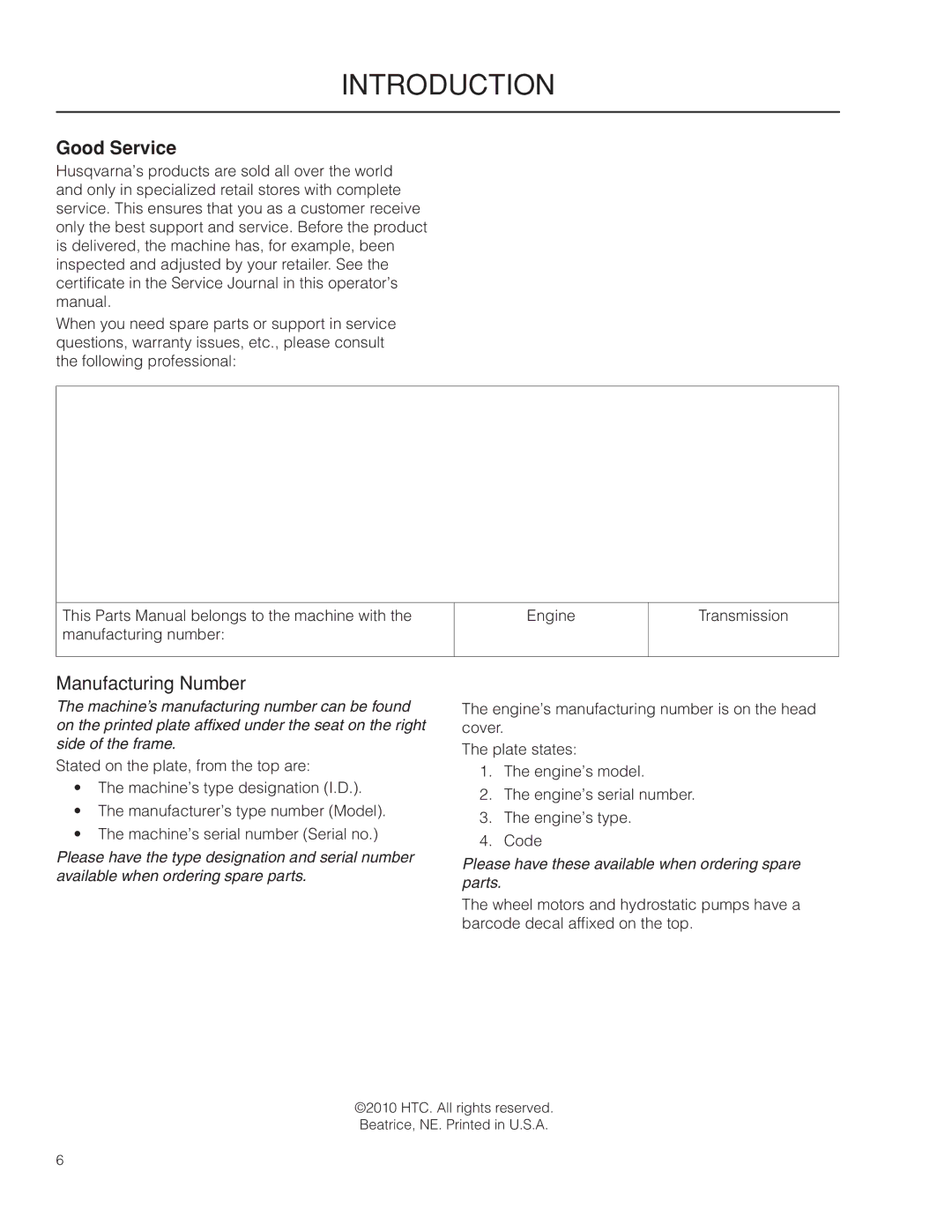 Husqvarna PZ6029D, PZ29D BF manual Good Service, Manufacturing Number 