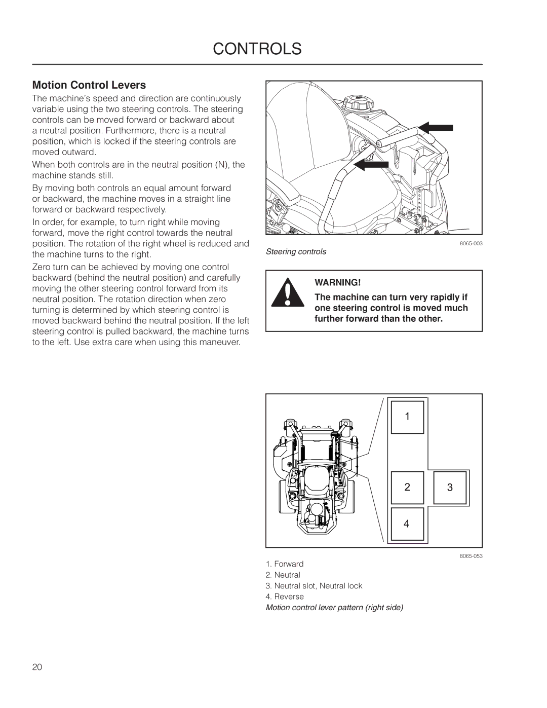 Husqvarna PZ7234FX / 966061401, PZ6034FX / 966516801, PZ6029PFX / 966062201, PZ6030CV / 966061101 manual Motion Control Levers 