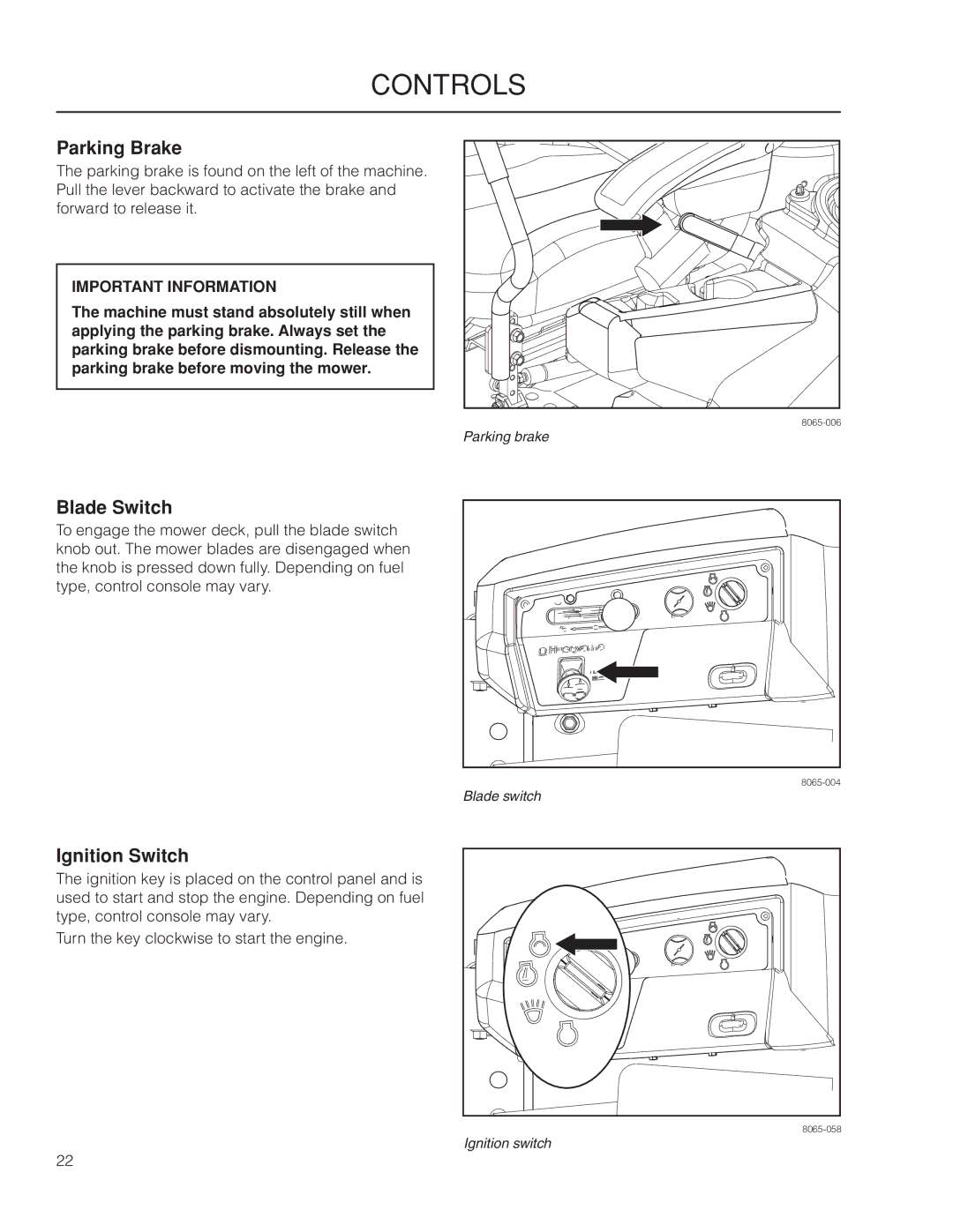 Husqvarna PZ6029FX / 966061201, PZ6034FX / 966516801, PZ6029PFX / 966062201 Parking Brake, Blade Switch, Ignition Switch 