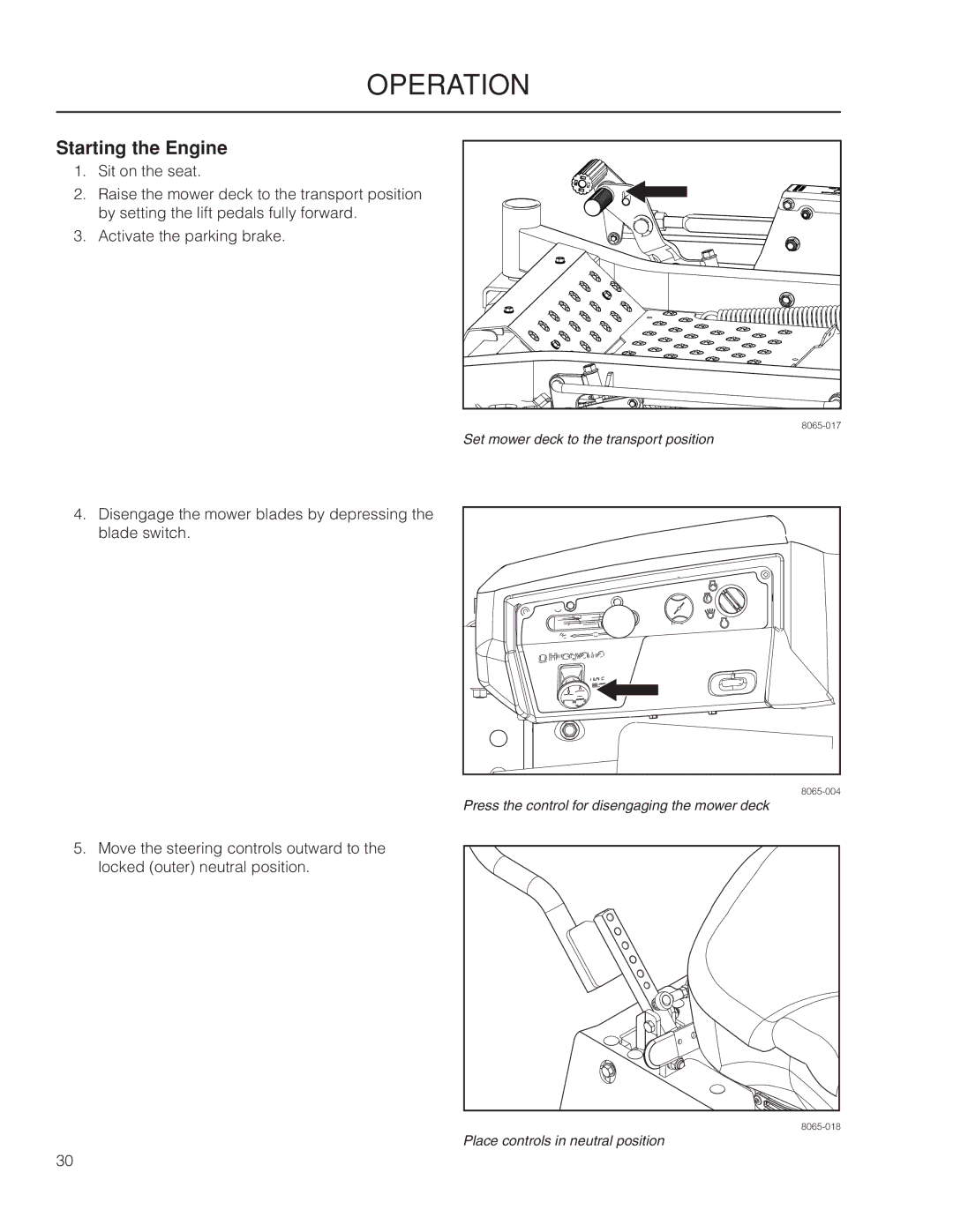 Husqvarna PZ6034FX / 966516801, PZ6029PFX / 966062201, PZ7234FX / 966061401, PZ6030CV / 966061101 manual Starting the Engine 