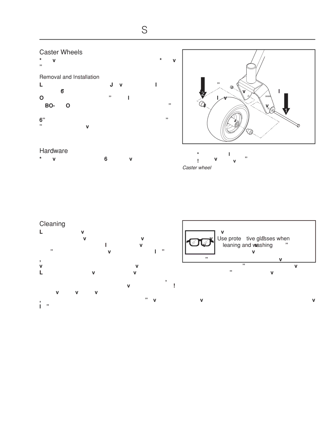 Husqvarna PZ6030CV / 966061101, PZ6034FX / 966516801 manual Caster Wheels, Hardware, Cleaning, Removal and Installation 