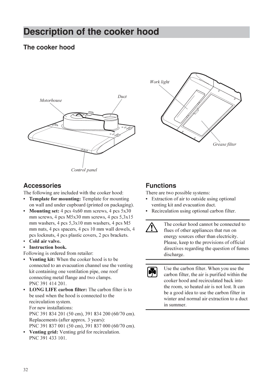 Husqvarna QC 620, QC 720, QC 520 user manual Description of the cooker hood, Cooker hood, Accessories, Functions 