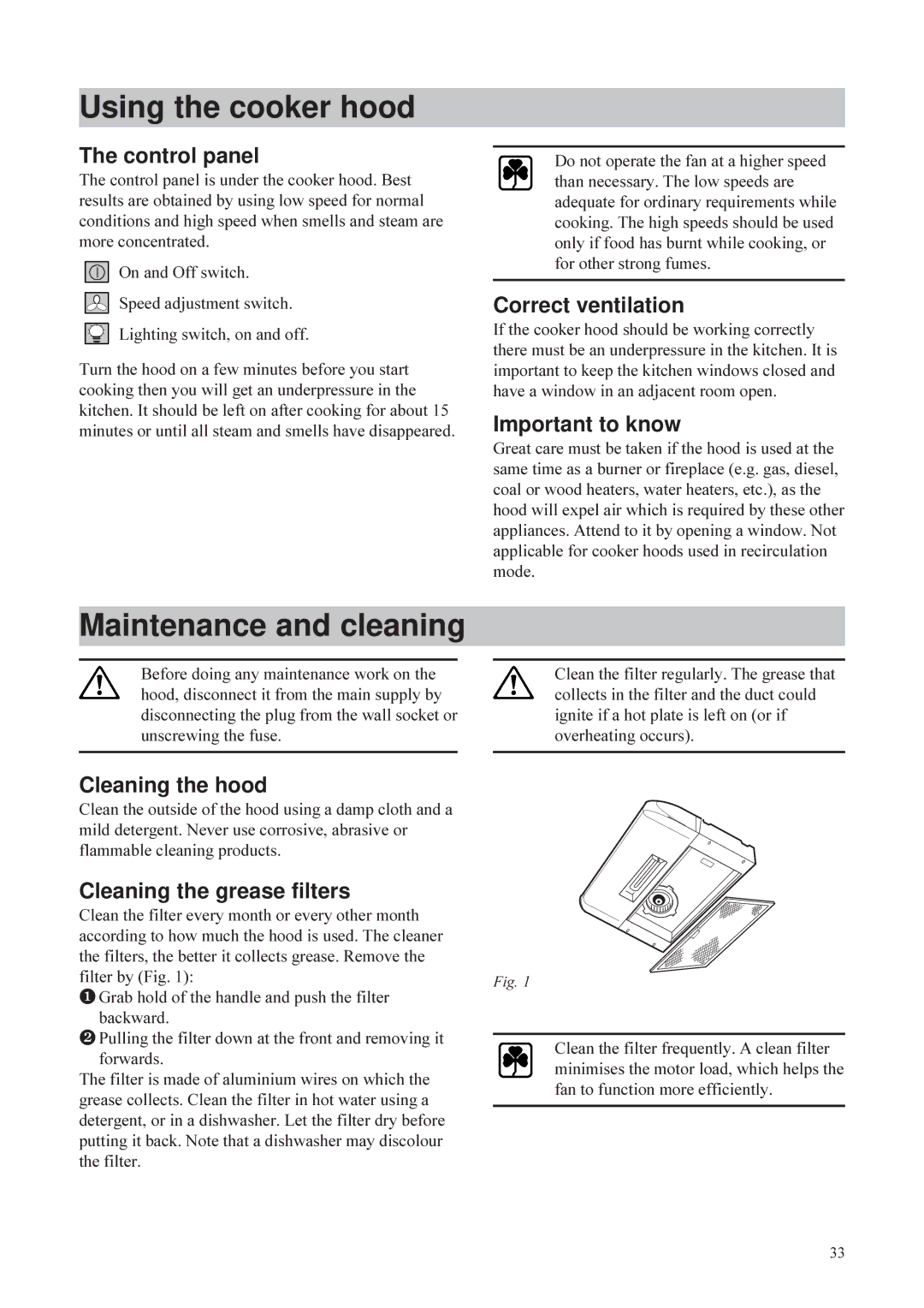 Husqvarna QC 520, QC 720, QC 620 user manual Using the cooker hood, Maintenance and cleaning 