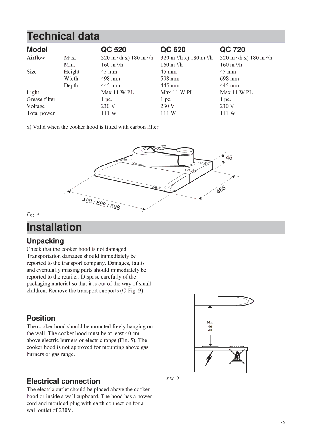 Husqvarna QC 620, QC 720, QC 520 user manual Technical data, Installation 