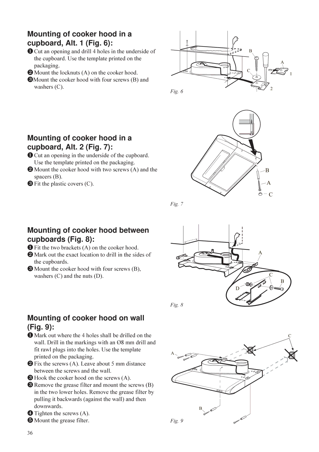 Husqvarna QC 520, QC 720 Mounting of cooker hood in a cupboard, Alt Fig, Mounting of cooker hood between cupboards Fig 