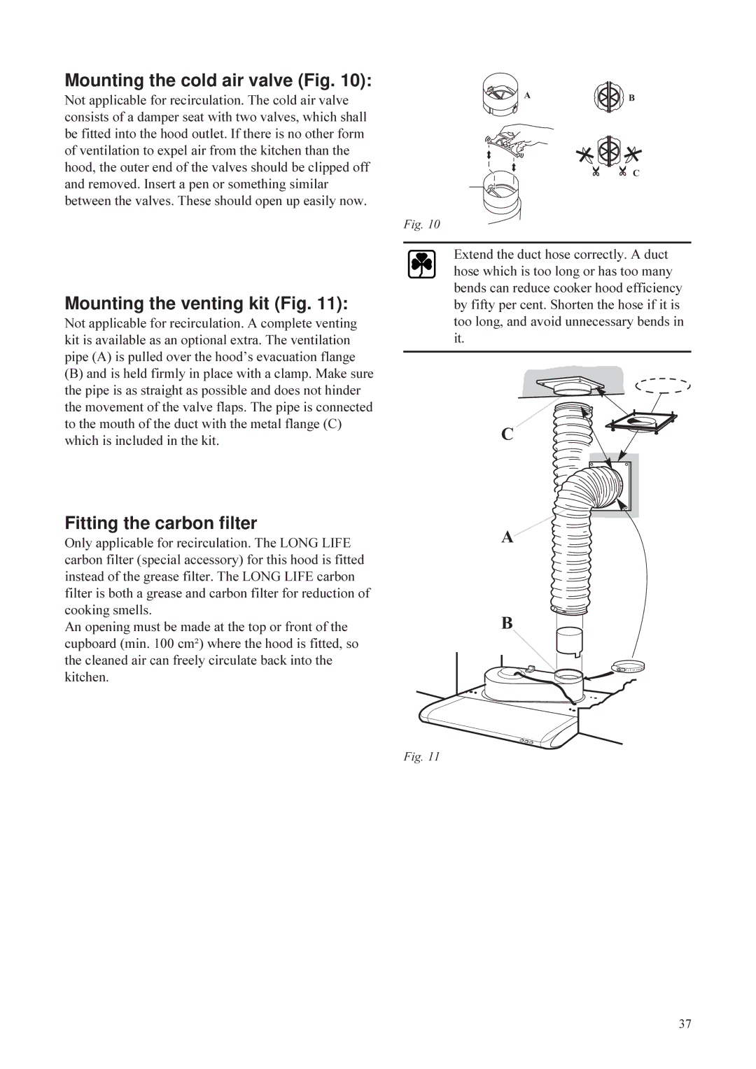 Husqvarna QC 720, QC 620, QC 520 Mounting the cold air valve Fig, Mounting the venting kit Fig, Fitting the carbon filter 