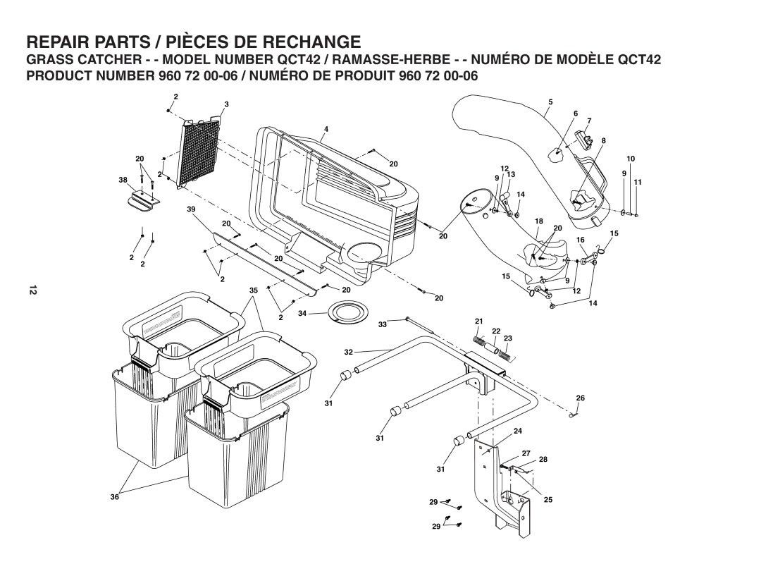 Husqvarna QCT42 owner manual Repair Parts / Pièces DE Rechange 