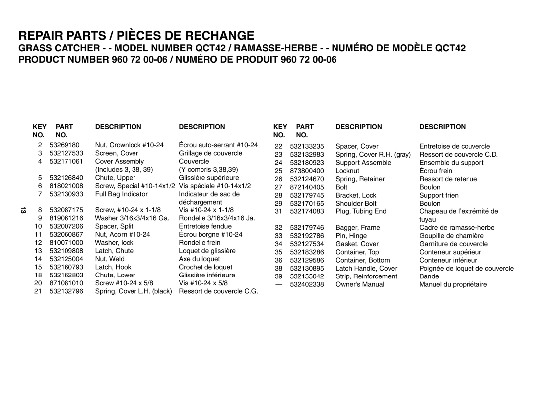 Husqvarna QCT42 owner manual KEY Part Description, Description KEY Part 