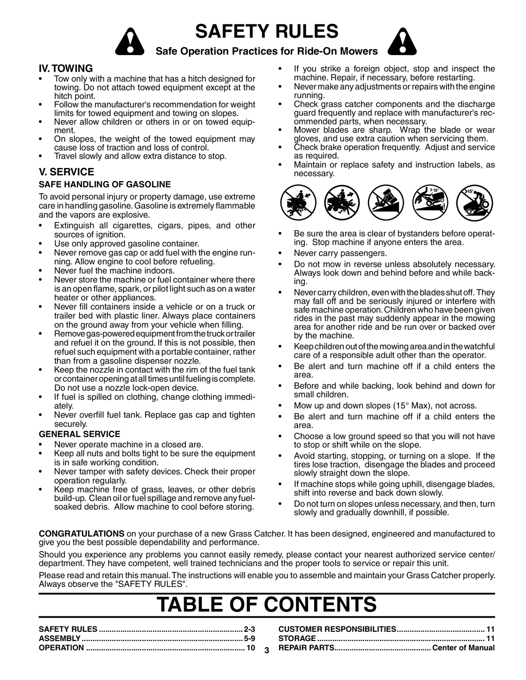 Husqvarna QCT42 Table Of Contents, Iv. Towing, V. Service, Safety Rules, Safe Operation Practices for Ride-OnMowers 