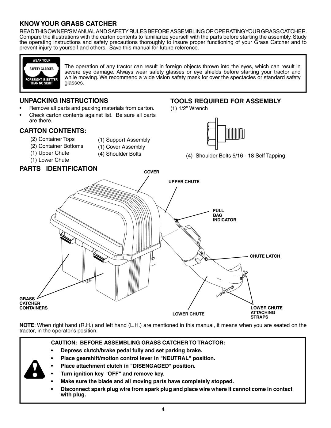 Husqvarna QCT42 owner manual Know Your Grass Catcher, Unpacking Instructions, Carton Contents, Parts Identification 