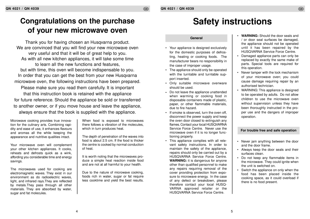 Husqvarna QN 4021, QN 4039 manual Safety instructions, General, For trouble free and safe operation 