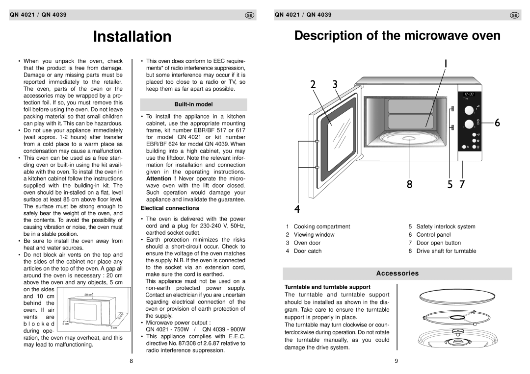 Husqvarna QN 4021 manual Installation, Accessories, Built-in model, Electical connections, Turntable and turntable support 