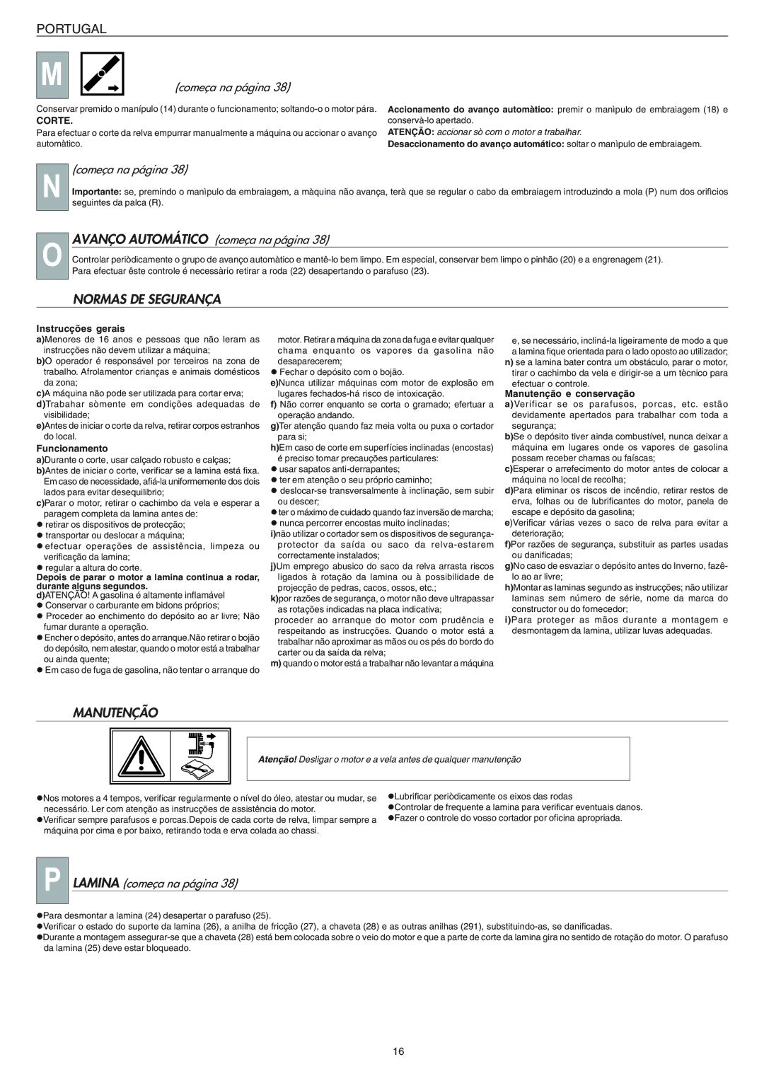 Husqvarna R 148 S manual Normas DE Segurança, Manutenção, Avanço Automático começa na página, Lamina começa na página 