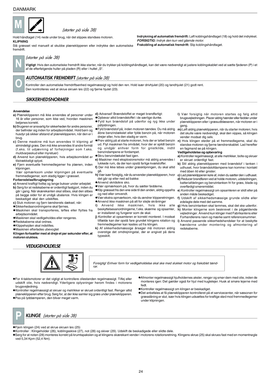 Husqvarna R 148 S manual Automatisk Fremdrift starter på side, Sikkerhedsnormer, Vedligeholdelse, Klinge starter på side 