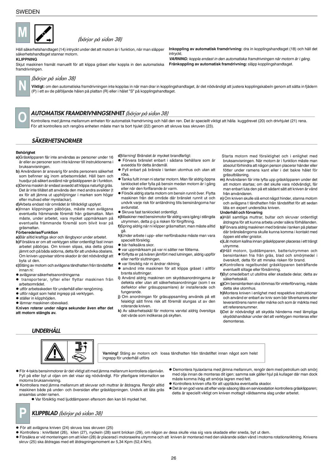 Husqvarna R 148 S Automatisk Framdrivningsenhet börjar på sidan, Säkerhetsnormer, Underhåll, Klippblad börjar på sidan 