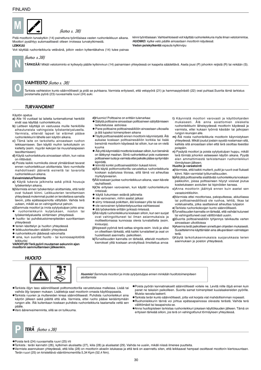 Husqvarna R 148 S manual Turvanormit, Huolto, Katso s.38, Vaihteisto katso s, Terä katso s.38 