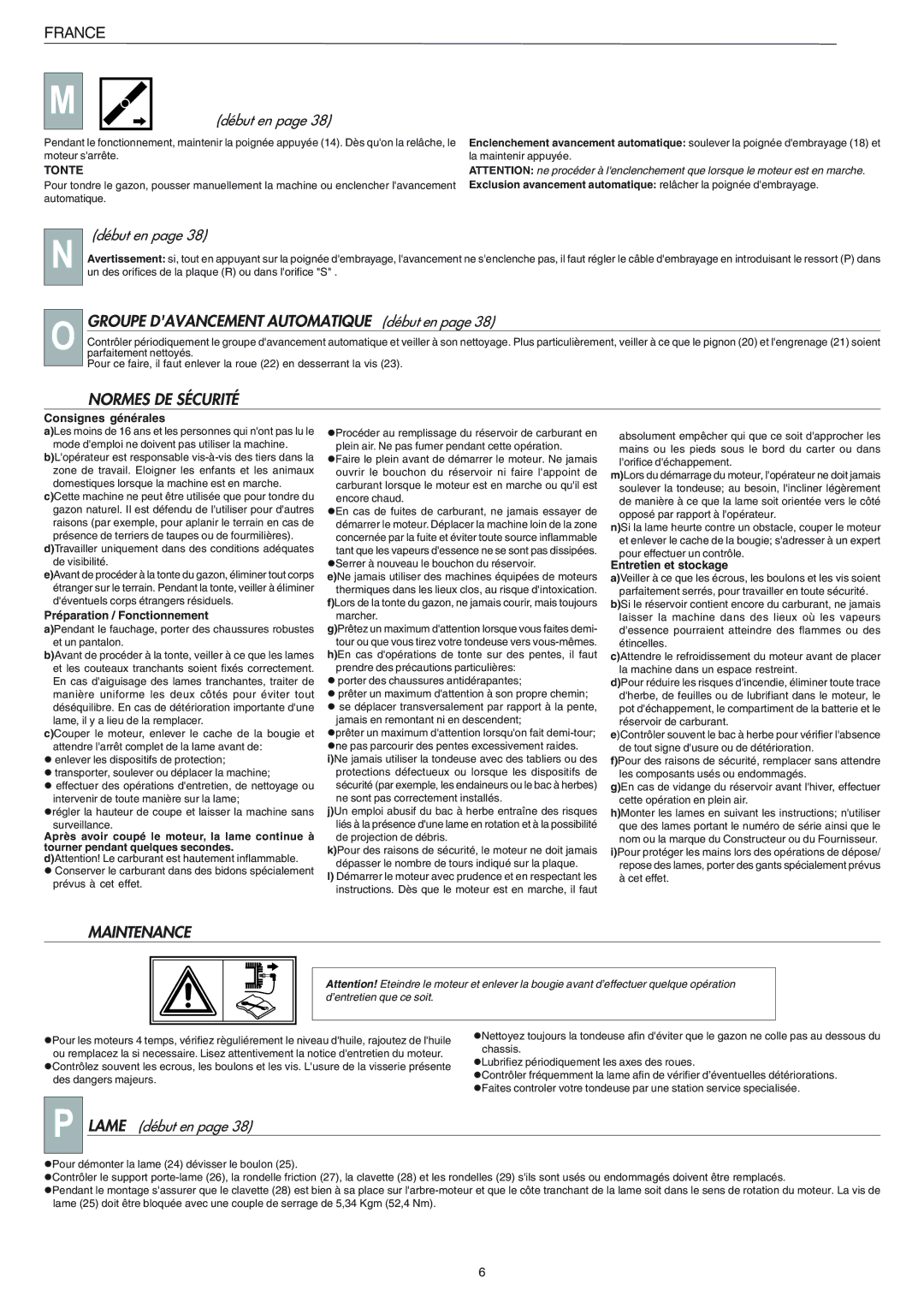 Husqvarna R 148 S manual Groupe Davancement Automatique début en, Normes DE Sécurité, Maintenance, Lame début en, Tonte 