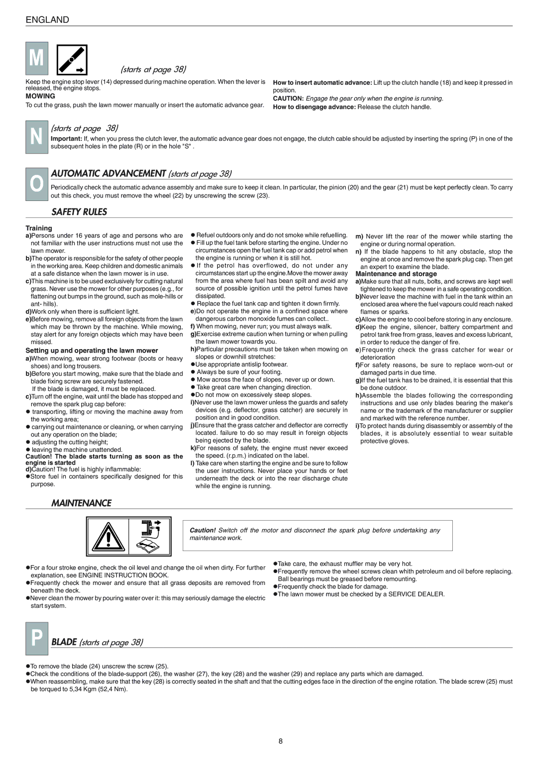 Husqvarna R 148 S manual Automatic Advancement starts at, Safety Rules, Blade starts at, Mowing 