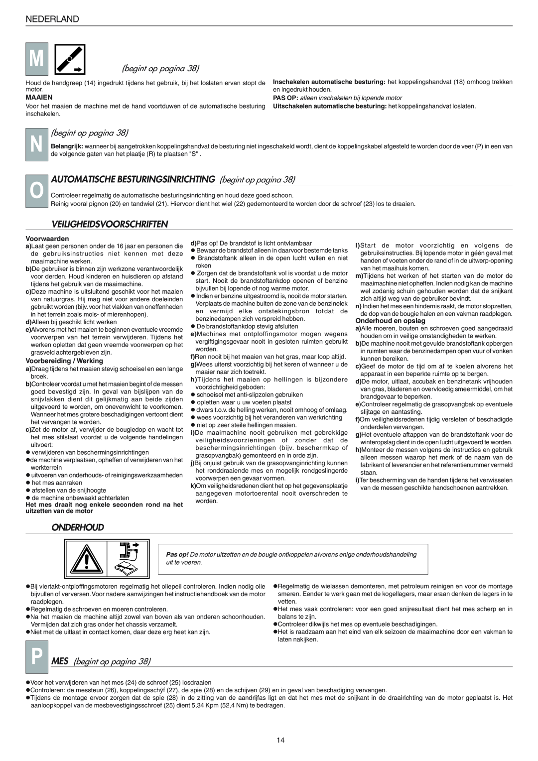 Husqvarna R 148 S manual Veiligheidsvoorschriften, Onderhoud, Nederland, P MES begint op pagina, Maaien, Voorwaarden 