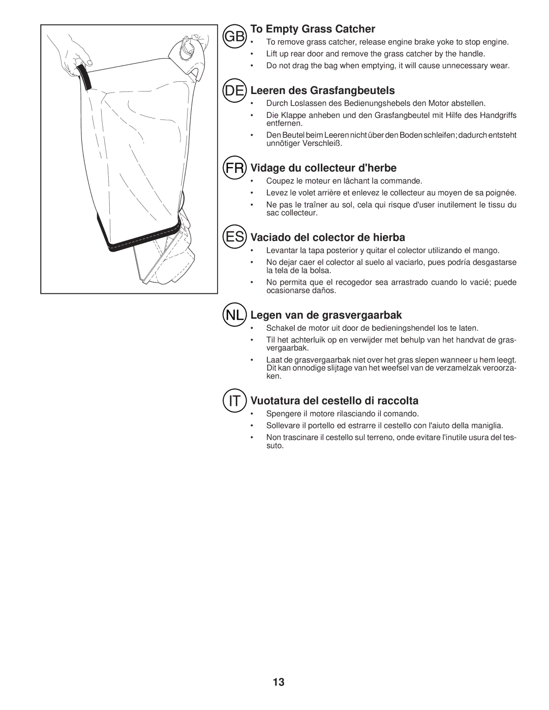 Husqvarna R 152SVH-BBC instruction manual To Empty Grass Catcher, Leeren des Grasfangbeutels, Vidage du collecteur dherbe 