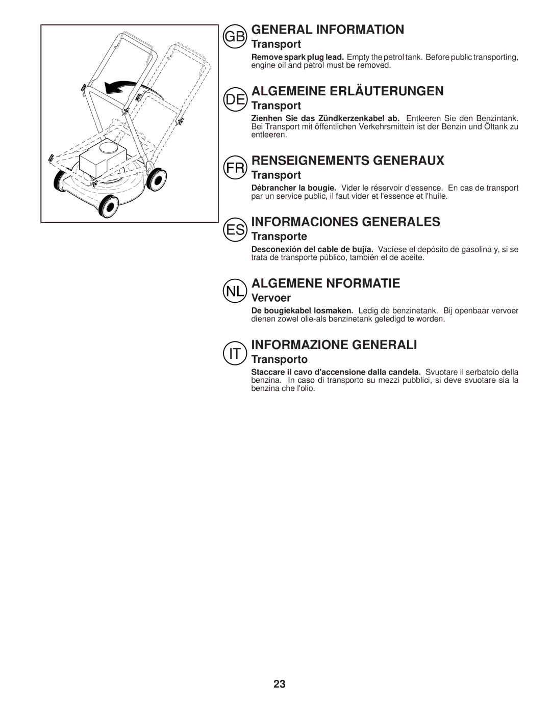 Husqvarna R 152SVH-BBC instruction manual Transporte, Vervoer, Transporto 