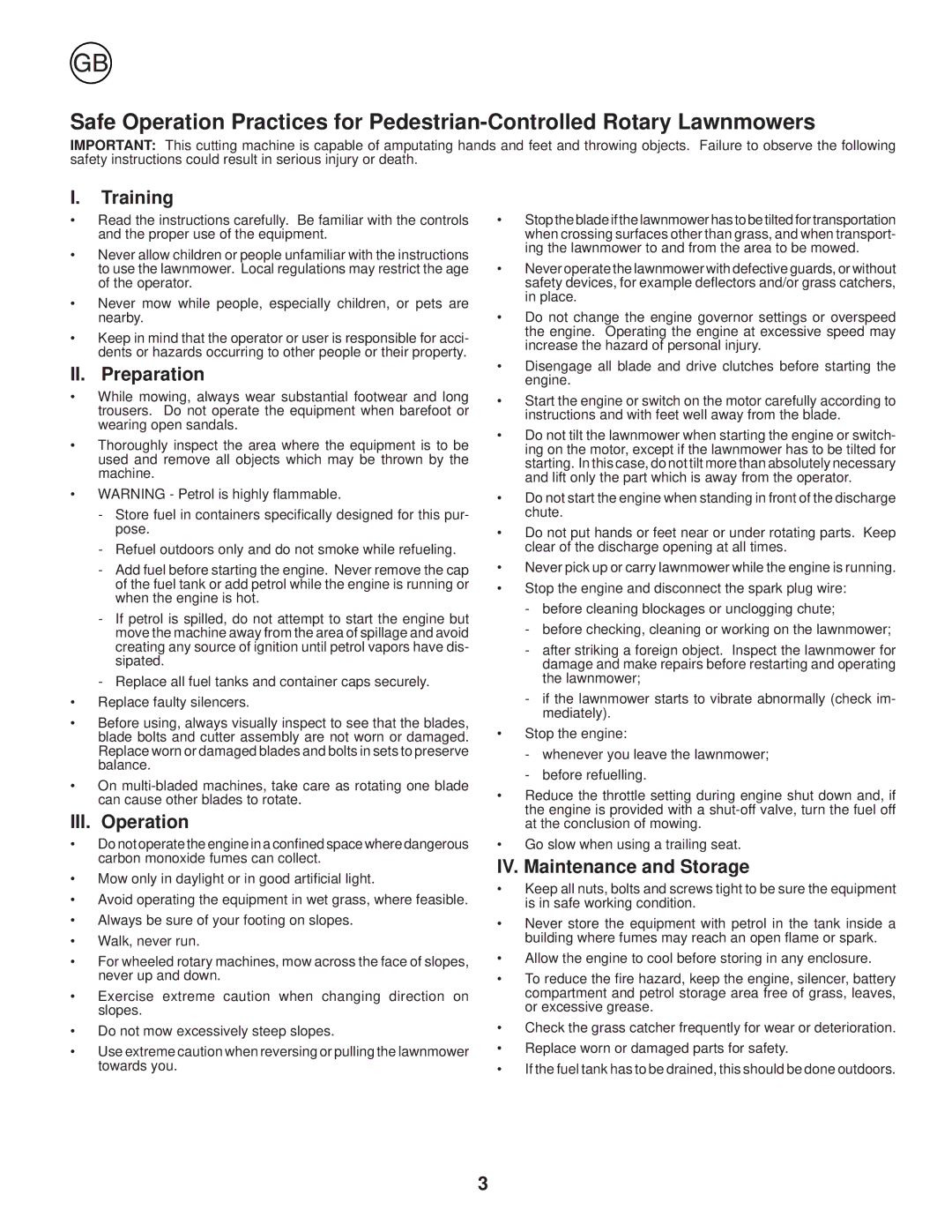 Husqvarna R 152SVH-BBC instruction manual Training, II. Preparation, III. Operation, IV. Maintenance and Storage 