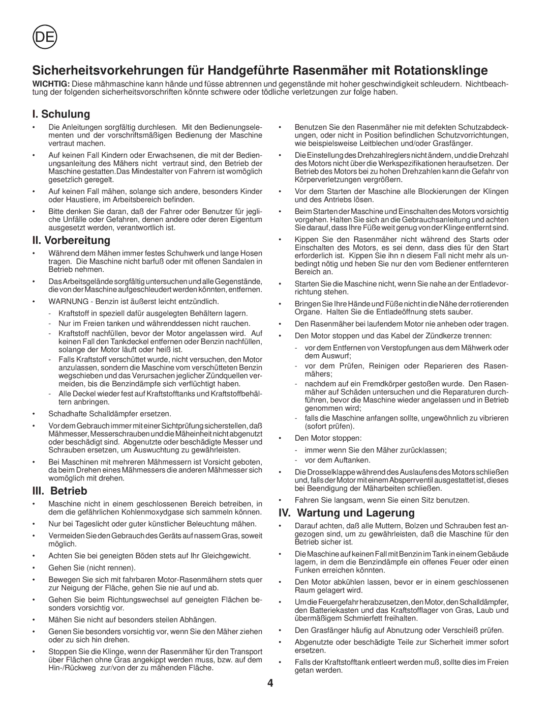 Husqvarna R 152SVH-BBC instruction manual Schulung, II. Vorbereitung, III. Betrieb, IV. Wartung und Lagerung 