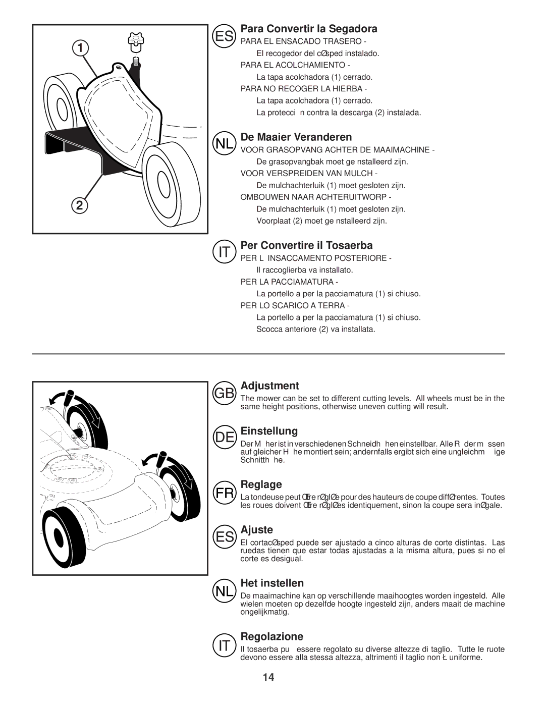 Husqvarna R 152SVH Para Convertir la Segadora, De Maaier Veranderen, Per Convertire il Tosaerba, Adjustment, Einstellung 