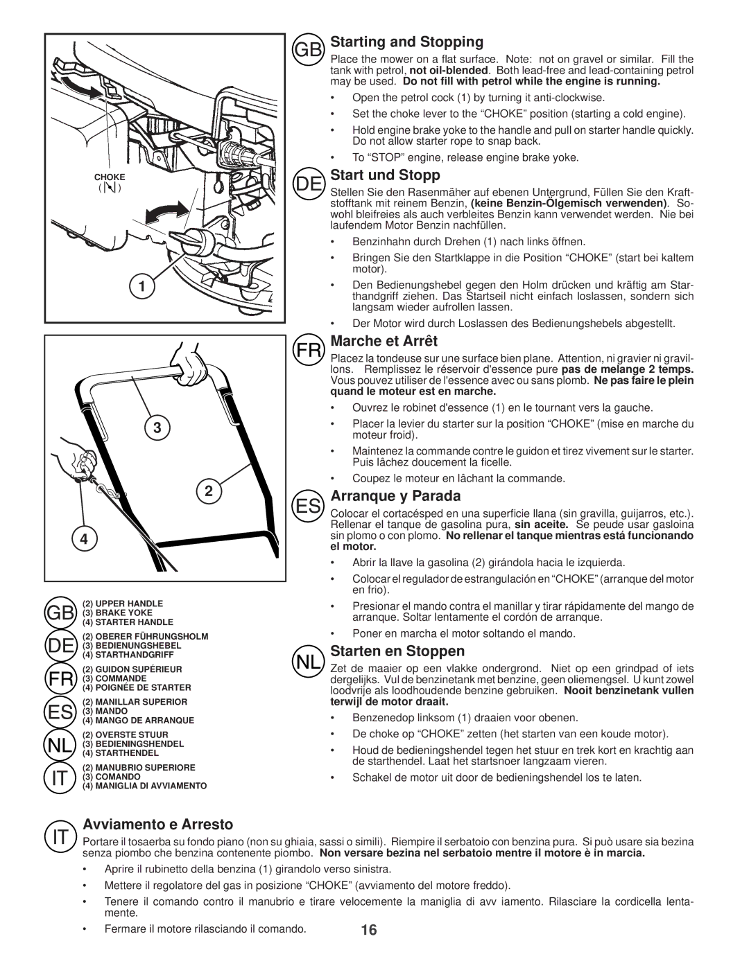 Husqvarna R 152SVH Starting and Stopping, Start und Stopp, Marche et Arrêt, Arranque y Parada, Starten en Stoppen 