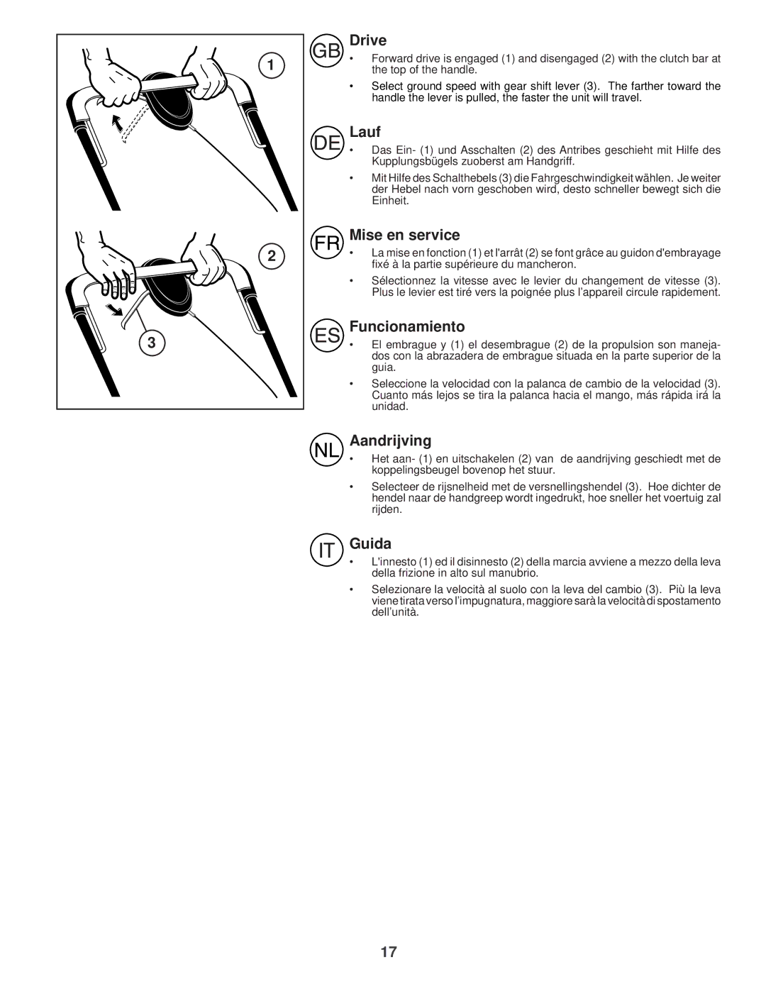 Husqvarna R 152SVH instruction manual Drive, Lauf, Mise en service, Funcionamiento, Aandrijving, Guida 