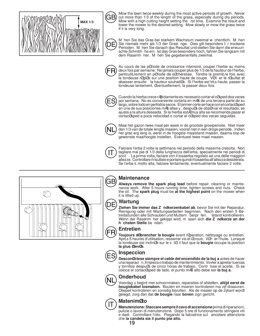 Husqvarna R 152SVH instruction manual Maintenance, Wartung, Entretien, Inspeccion, Onderhoud, Mateniméto 